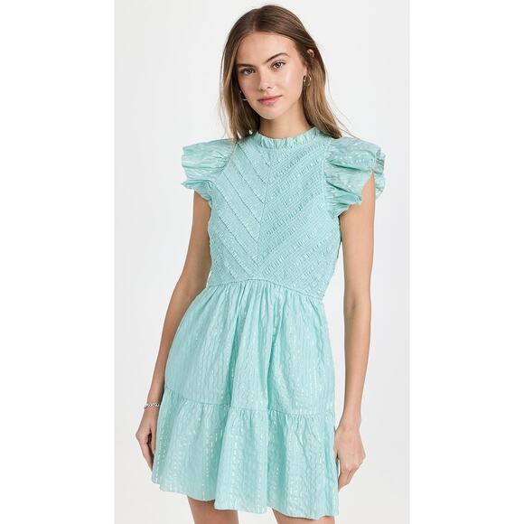 Saylor XS Carraway Mini Dress Smocked Bodice Flutter Sleeves Aqua Metallic - Picture 4 of 13